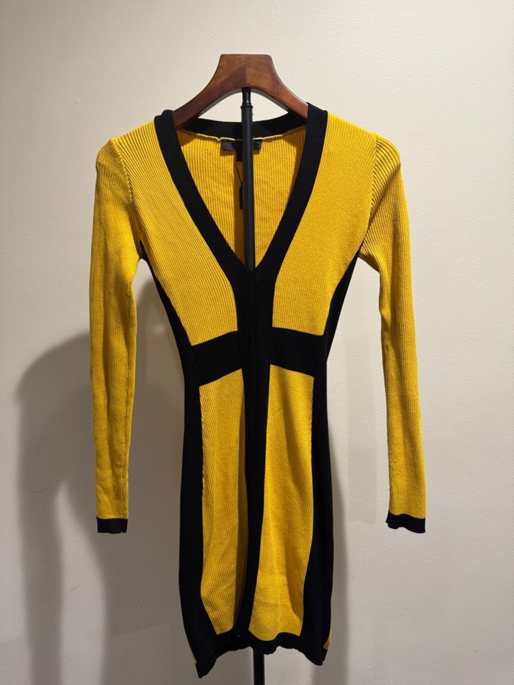 Yellow and Black Ribbed Knit Body-Con Long Sleeve Mini Dress (Size M) - Picture 2 of 13